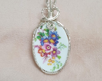 Broken China Pendant. Spring Bouquet Wire Wrapped in silver.