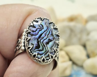 Paua Shell Ring, Adjustable Size. Sterling Silver Band. Shimmering colours