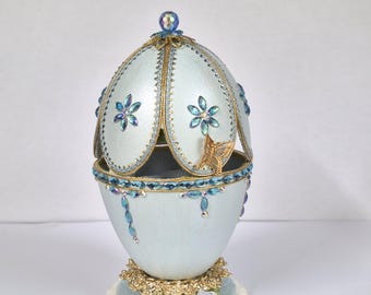Pale Blue Goose Egg Jewel Box: Gold Braid, Rhinestones, Butterfly Clasp.