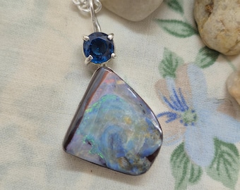 Boulder Opal & London Blue Topaz Pendant, Sterling Silver