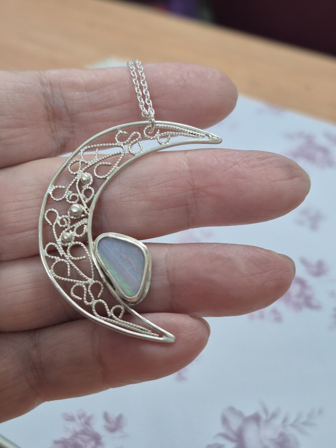 Sterling Silver Filigree Crescent Moon Opal Pendant - Etsy