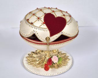 Goose Egg Jewel Box: Faberge-Inspired Ornament with Red Heart, Rhinestones.