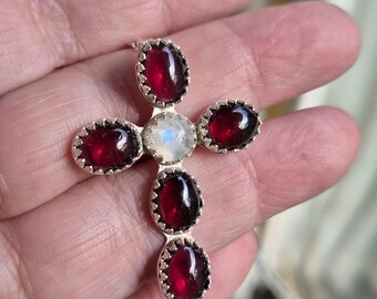 Garnet Cross Pendant, Sterling Silver with Rainbow Quartz Cabochon