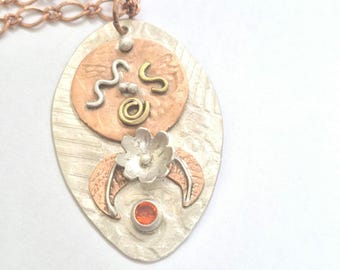 Silver and Copper.  Mixed Metal Pendant. Copper Necklace. Multi Textured.