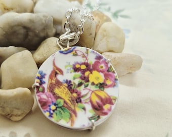 Handpainted Bird & Flower China Pendant, Sterling Silver Bezel