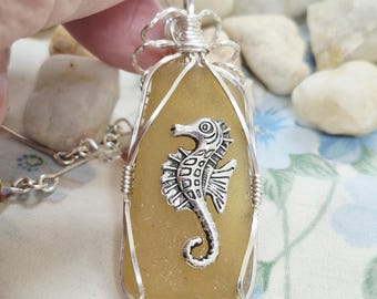 Sea Glass Pendant, Seahorse Charm, Wire Wrapped