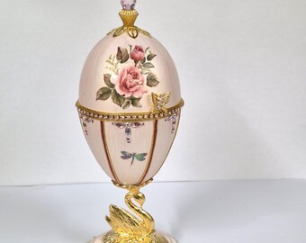 Hand-Painted Goose Egg Jewel Box with Pink Roses, Rhinestones, Gold Swan Stand.