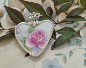 Broken China Heart  Pendant. Valentine Gift .. Pink China Rose Set in  Sterling Silver.