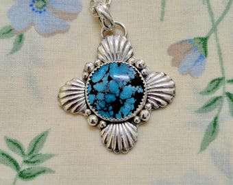 Treasure Mountain Turquoise Pendant, Sterling Silver Shell Design, with Chain