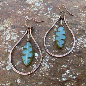 Beaded Copper Teardrop Hoop Earrings: Green Czech Glass, Bohemian Jewelry