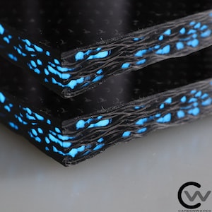 May include: Two black carbon fiber sheets with a blue glow. The sheets are layered on top of each other, showing the layered structure of the material.