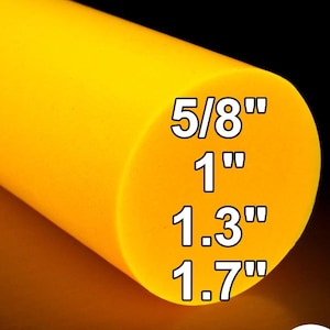 Może przedstawiać: Jaskrawożółty cylindryczny pręt o gładkiej powierzchni. Na końcu pręta widnieje tekst 5/8", 1", 1.3" oraz 1.7" białą czcionką. Logo z napisem CARBONWAVES jest widoczne w prawym dolnym rogu obrazu.