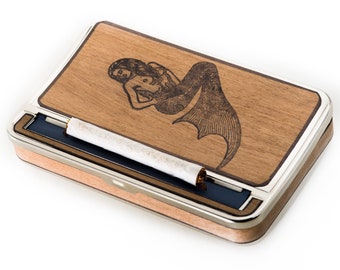 Mermaid Cigarette Case Roll Box : Mahogany Wood CUSTOMIZED Rolling Machine, vintage mermaid, mermaid case, mermaid rolling tray