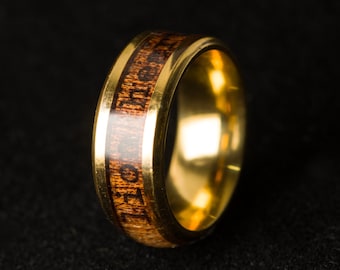 5th Anniversary Wood Ring, personalized mahogany wood band, vintage wood handmade for customized anniversary Gold Titatnium