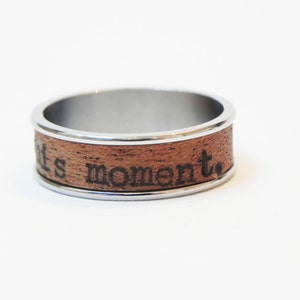 Wood Ring Live This Moment : name ring, promise ring, inspiration ring Mahagony wood and poetry Size 11 Ring, men engagement image 6