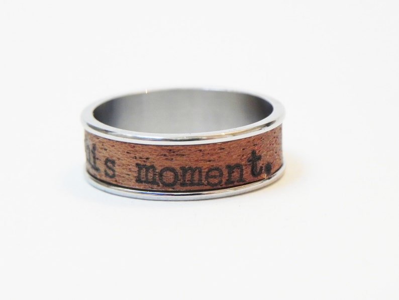 Wood Ring Live This Moment : name ring, promise ring, inspiration ring Mahagony wood and poetry Size 11 Ring, men engagement image 6