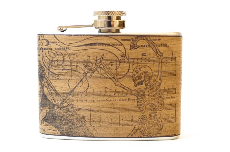 Holiday Skeleton flask music dancing, whiskey gift, vintage skeleton, laughing, dancing in the rain, old fashioned skeleton, holiday gift image 4