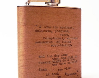 Anais Nin Poetry Flask: Typewriter Quote, Mahogany Wood, 6oz