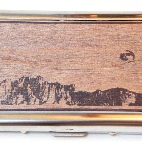 RFID Card Wallet - Moonrise, full moon, mountains, mountain, real wood, hand printed, custom made gift, christmas wallet, business card case