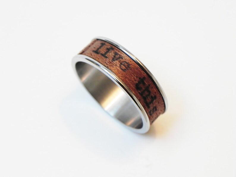 Wood Ring Live This Moment : name ring, promise ring, inspiration ring Mahagony wood and poetry Size 11 Ring, men engagement image 2