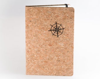 May include: A cork notebook with a compass design on the front cover.