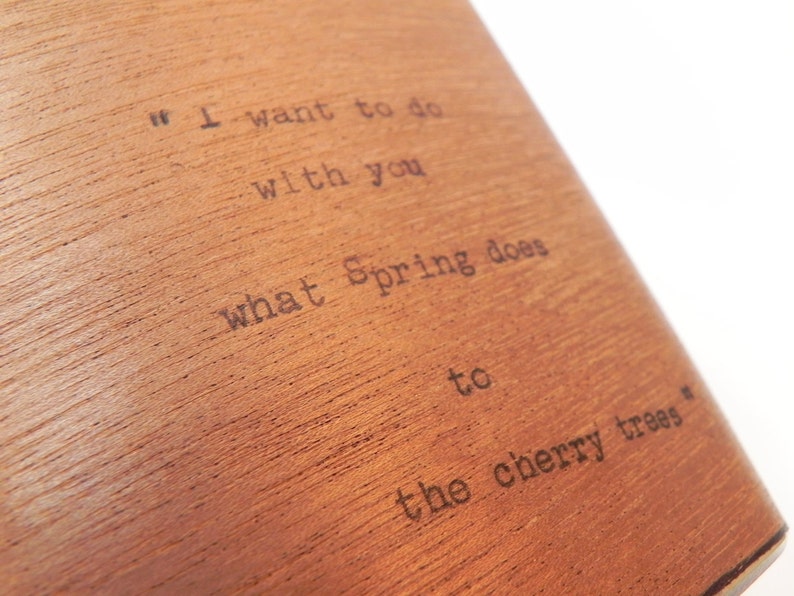 Pablo Neruda Vintage Typewriter Poetry Mahogany Wood Flask Quote I Want to do with you what the Spring does to the cherry trees 6oz flask image 1