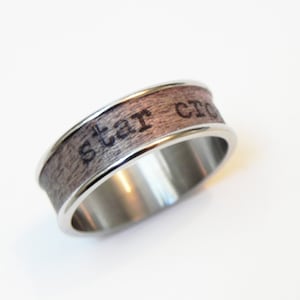 Wood Ring &quot;Star Crossed&quot; : Mahagony wood and poetry Size 11 Ring - name ring, promise ring, romeo and juliet, men, brother, guy, boy, gift