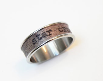 Wood Ring &quot;Star Crossed&quot; : Mahagony wood and poetry Size 11 Ring - name ring, promise ring, romeo and juliet, men, brother, guy, boy, gift