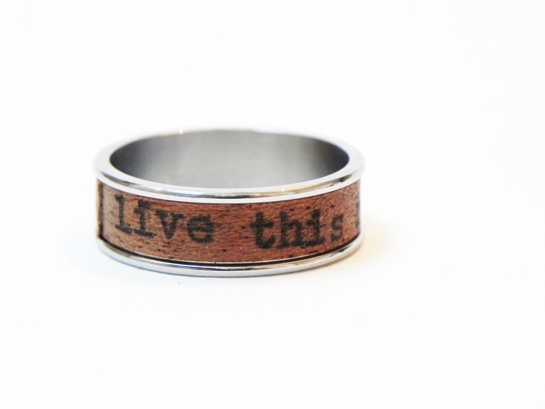 Wood Ring Live This Moment : name ring, promise ring, inspiration ring Mahagony wood and poetry Size 11 Ring, men engagement image 5