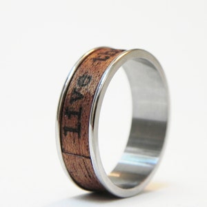 Wood Ring Live This Moment : name ring, promise ring, inspiration ring Mahagony wood and poetry Size 11 Ring, men engagement image 4