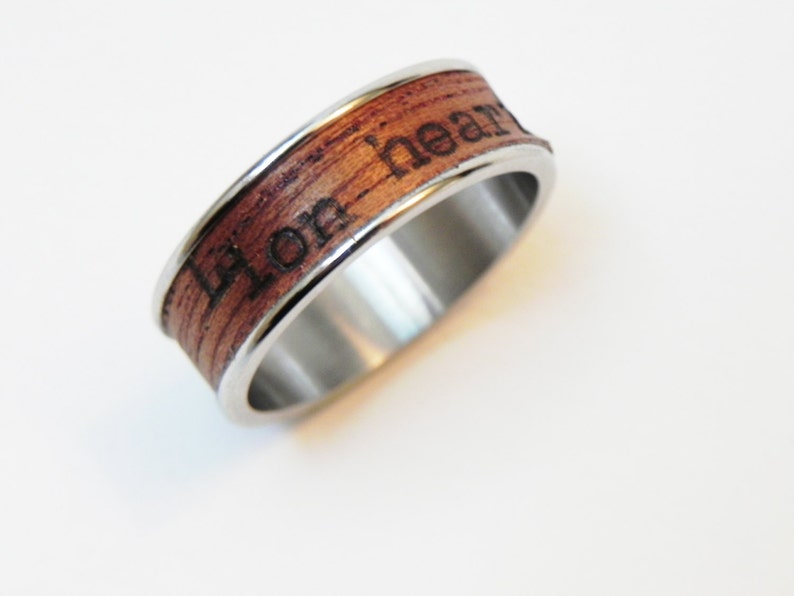 Wood Poetry Ring Lion Heart : Mahagony wood and typewriter poetry Size 10 Ring custom name ring Handmade ring image 2