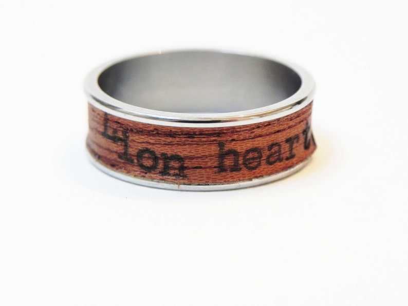 Wood Poetry Ring Lion Heart : Mahagony wood and typewriter poetry Size 10 Ring custom name ring Handmade ring image 4