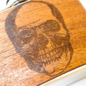 Skull Flask : Mahogany Wood steam punk pocket flask, skull hip flask, skeleton skull, gift for uncle, skull lover image 1