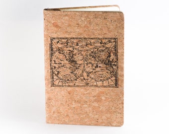 May include: A cork notebook with a vintage world map design printed on the front cover.