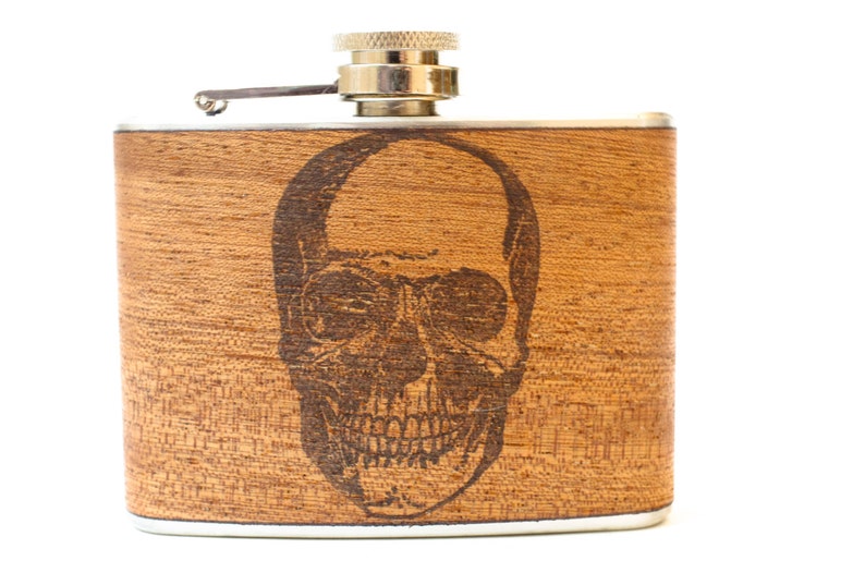 Skull Flask : Mahogany Wood steam punk pocket flask, skull hip flask, skeleton skull, gift for uncle, skull lover image 3