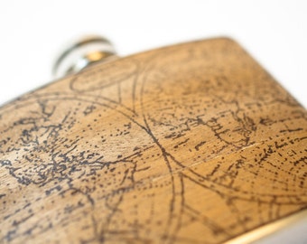 Mahogany Wood Flask: Vintage World Map, Nautical Gift