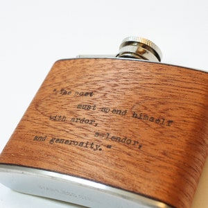 Pablo Neruda Vintage Typewriter Poetry Mahogany Wood Flask Quote I Want to do with you what the Spring does to the cherry trees 6oz flask image 8