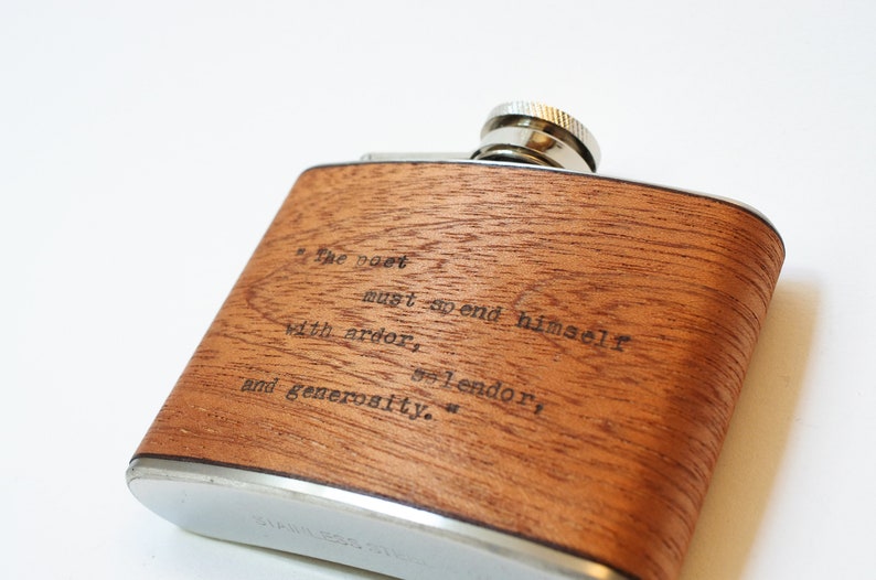 Pablo Neruda Vintage Typewriter Poetry Mahogany Wood Flask Quote I Want to do with you what the Spring does to the cherry trees 6oz flask image 8