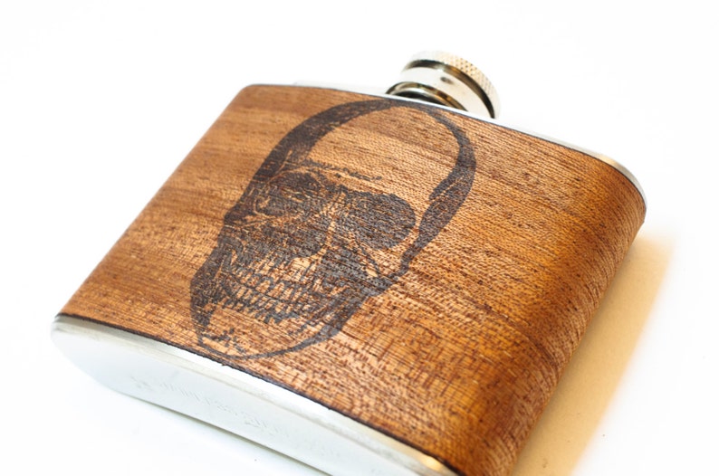 Skull Flask : Mahogany Wood steam punk pocket flask, skull hip flask, skeleton skull, gift for uncle, skull lover image 4