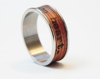 Wood Poetry Ring &quot;Lion Heart&quot; : Mahagony wood and typewriter poetry Size 10 Ring - custom name ring Handmade ring