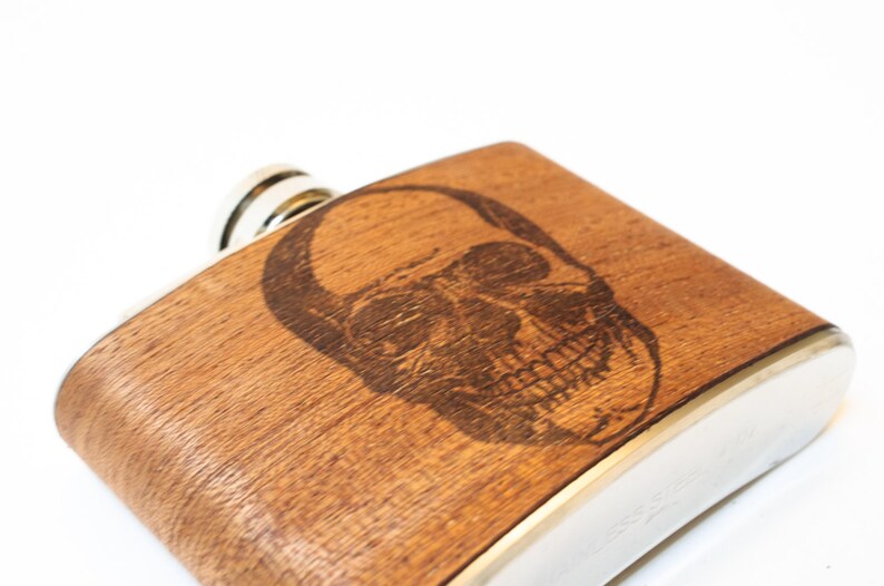 Skull Flask : Mahogany Wood steam punk pocket flask, skull hip flask, skeleton skull, gift for uncle, skull lover image 2