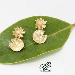 Gold Plated Lotus and Water Lily Earrings, Nature Inspired Floral Jewelry, Handmade Gold Drop Earrings for Women, Botanical Wedding Jewelry