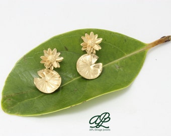 18k Gold Lotus Earrings, Handmade Lily Pad Jewelry