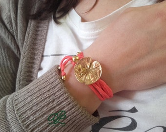 Gold Plated Lotus Flower Bracelet with Silk Cord, Water Lily Jewelry, Nature-Inspired Boho Bracelet, Wedding Gift for Daughter or Her