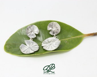 Earrings double leaf water lily sterling silver, two lotus leaf earrings, long silver earrings, lotus earrings, earrings with leaves