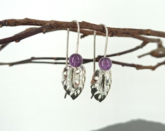Sterling Silver Monstera Earrings, Handmade Leaf Earrings, Boho Handmade Jewelry for Plant Lover, Leaf Earrings Dangle, One of a Kind Gifts