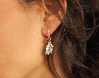 Silver Holly Leaf Earrings, Sterling Silver Holiday Jewelry, Handmade Winter Gift for Her, Red Coral Statement Earrings, Botanical Jewelry