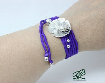 Sterling Silver Lotus Flower Bracelet, Lily Jewelry, Silver Leaf Bracelet with Silk Cord, Just Because Gift for Wife, Nature Inspired, Boho