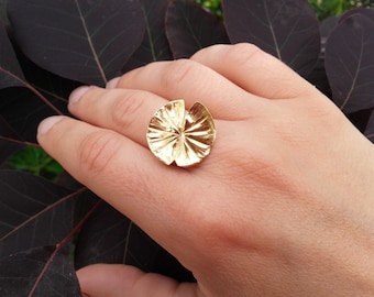 BOLD GOLD PLATED Lily Pad Ring | Nature-Inspired Brass Ring with Leaf Design | Statement Jewelry Gift for Nature Lovers | Boho Pond Jewelry