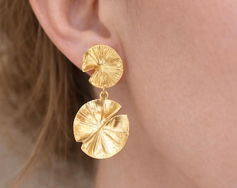 Handmade Gold Plated Brass Water Lily Earrings, Nature Inspired Jewelry